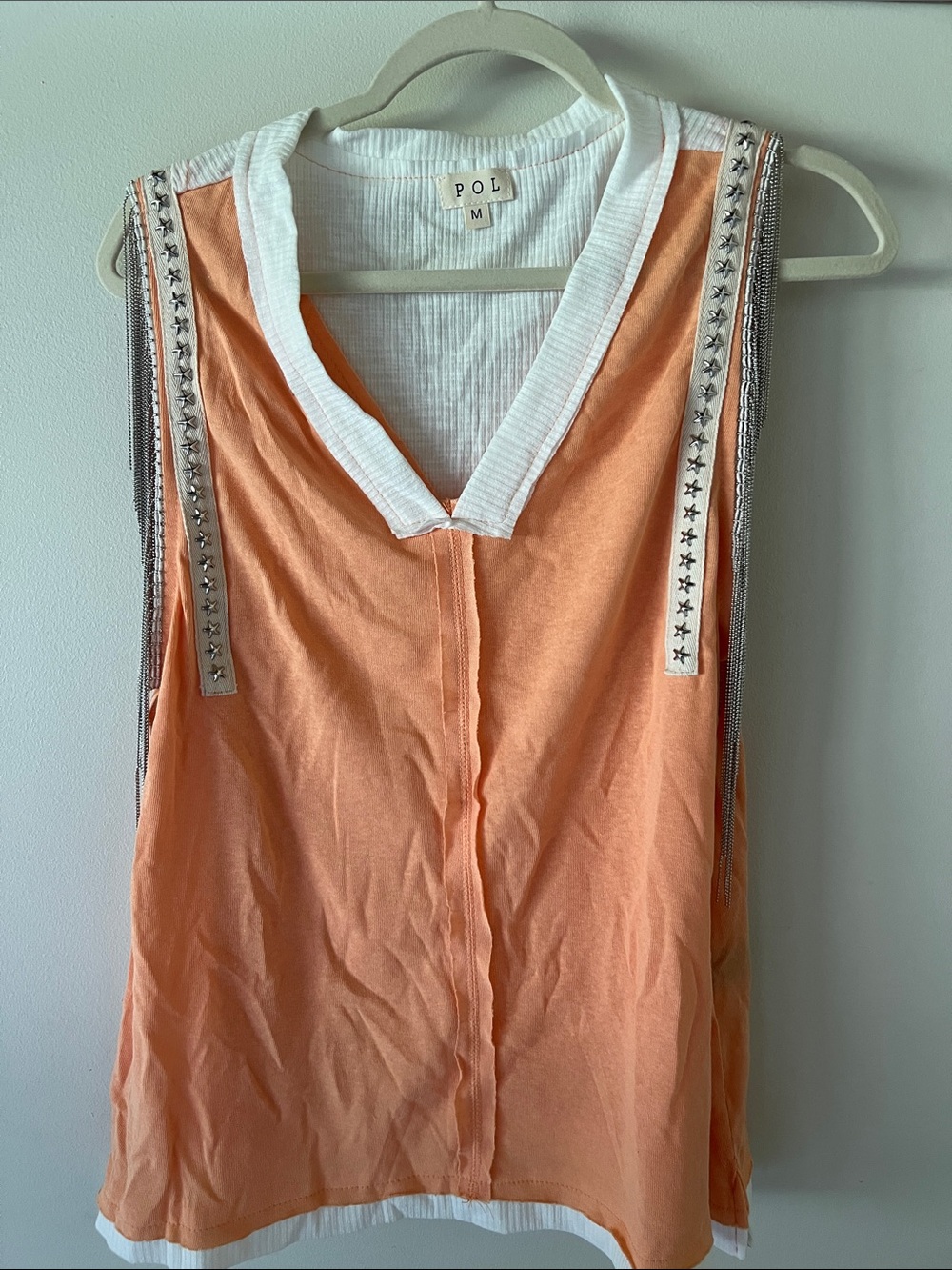 POL Peach Sleeveless V-Neck Tank with White Trim & Shoulder Studs